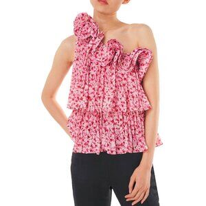 Amur Portia Pink Floral Pleated Tiered One-Shoulder Top